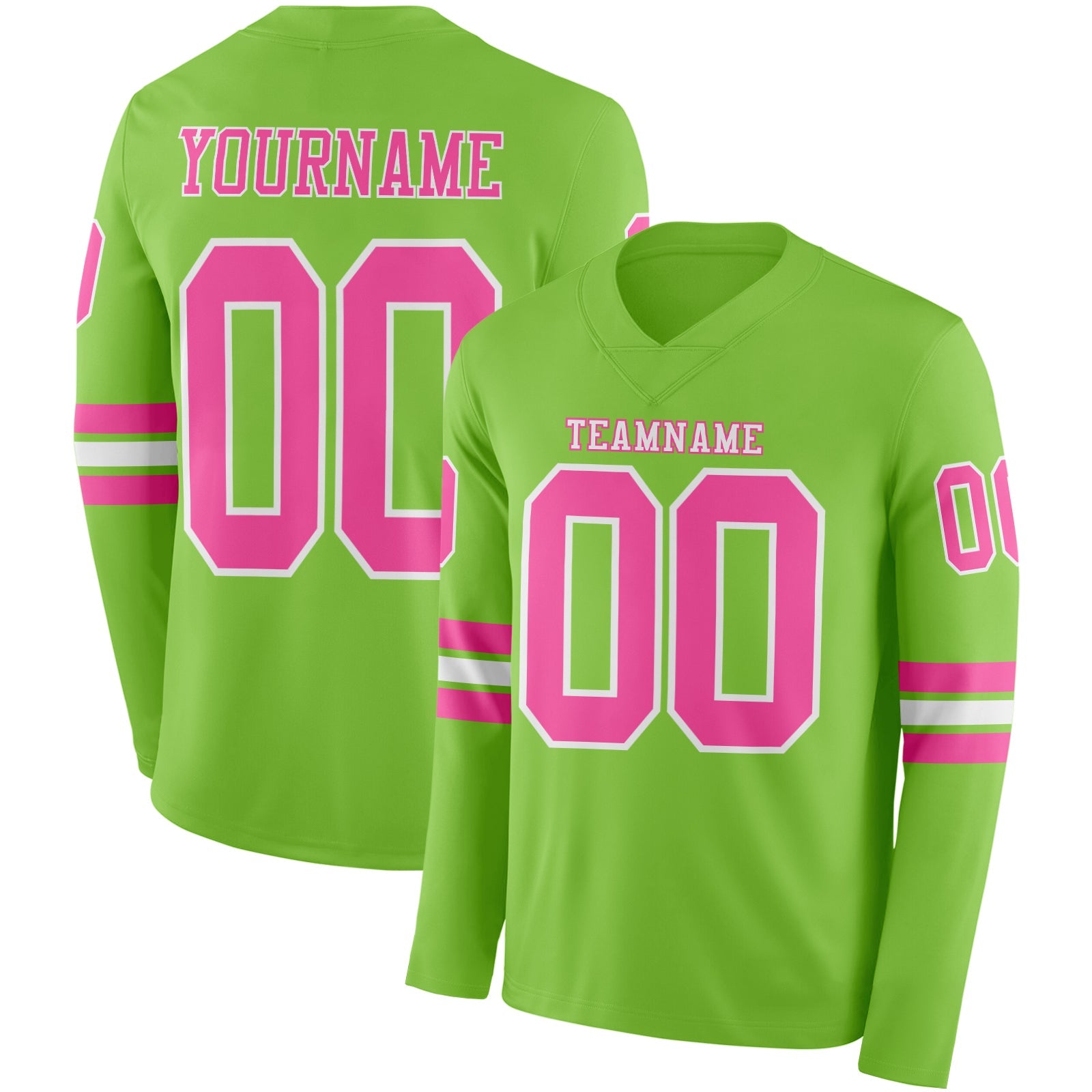 Custom Neon Green Pink-White Long Sleeve Authentic Football Jersey