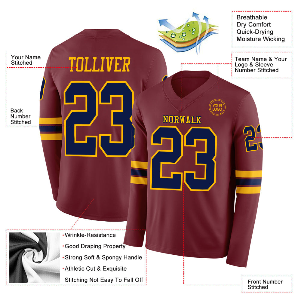 Custom Burgundy Navy-Gold Long Sleeve Authentic Football Jersey
