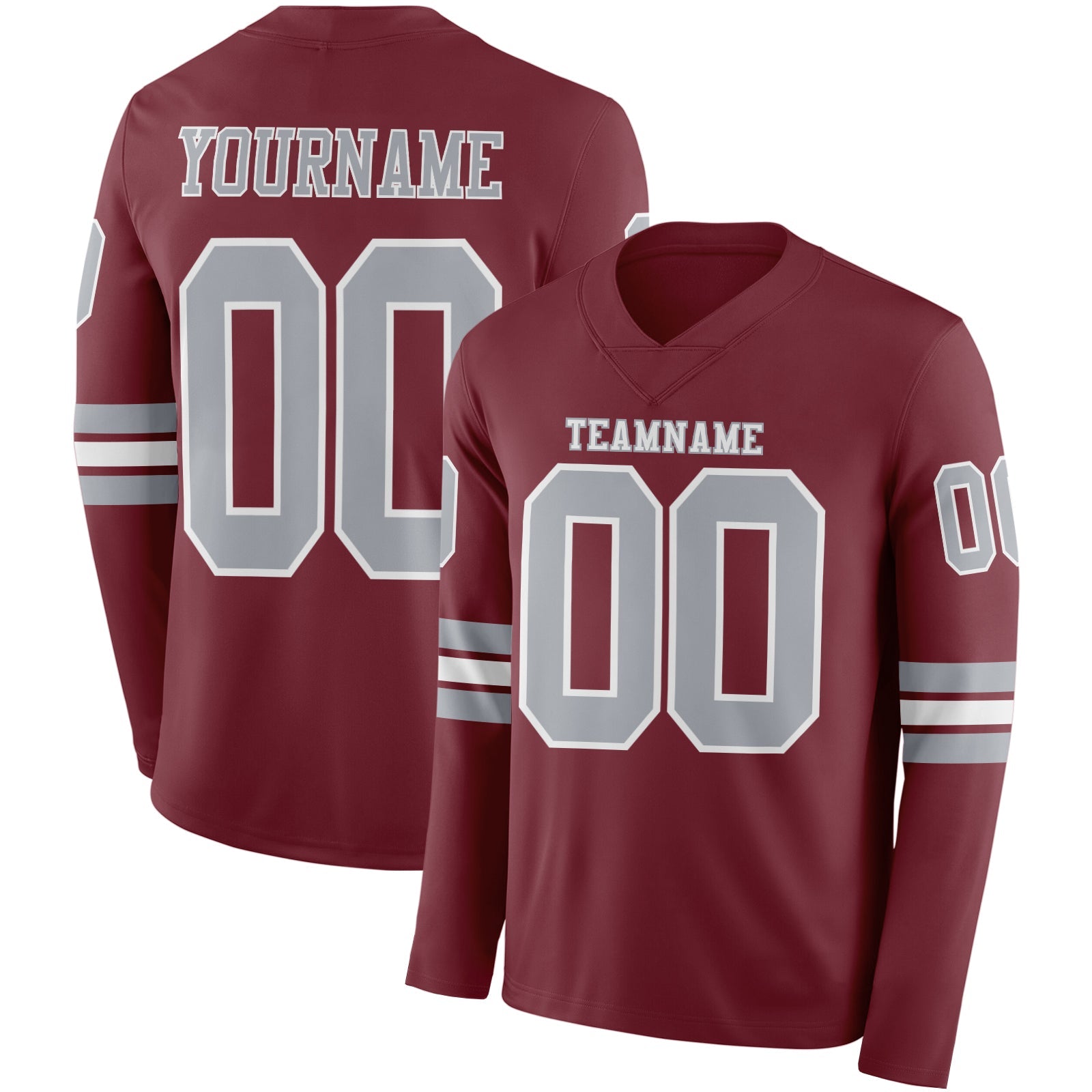 Custom Burgundy Gray-White Long Sleeve Authentic Football Jersey
