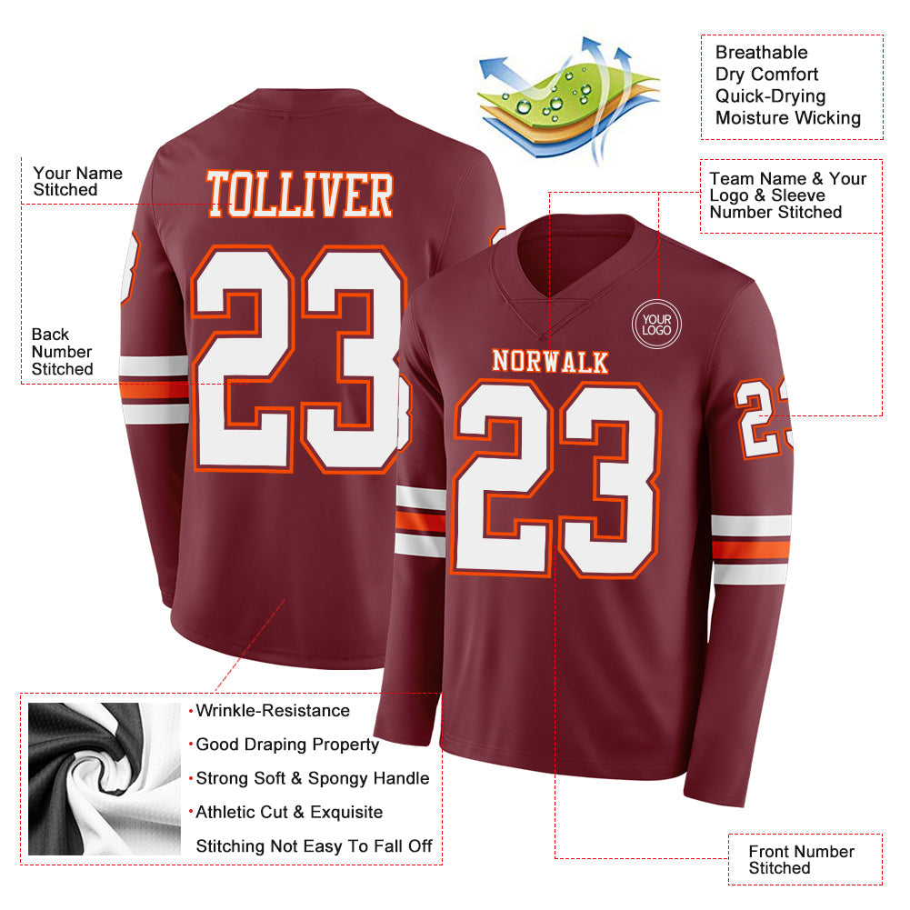 Custom Burgundy White-Orange Long Sleeve Authentic Football Jersey