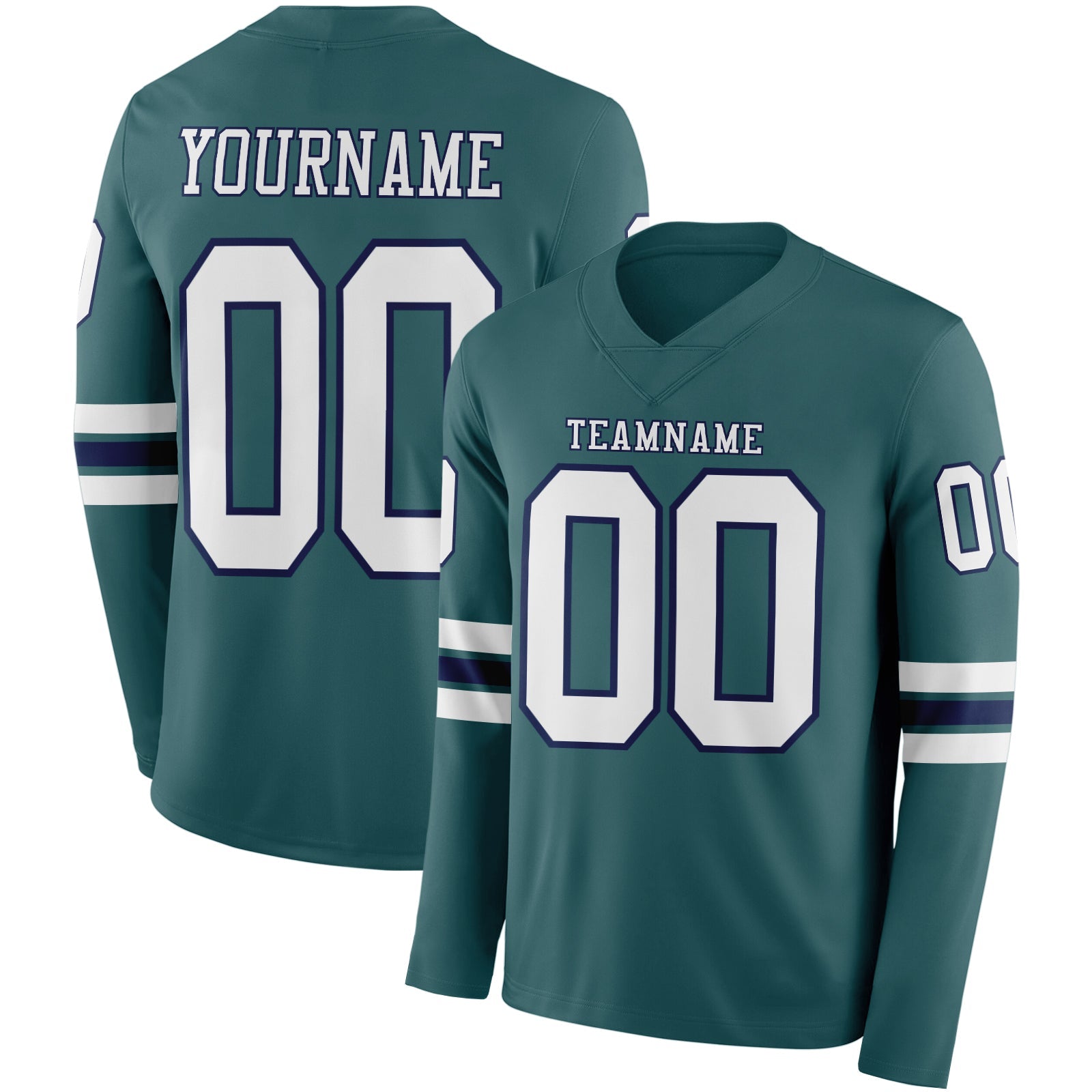 Custom Midnight Green White-Navy-White Long Sleeve Authentic Football Jersey