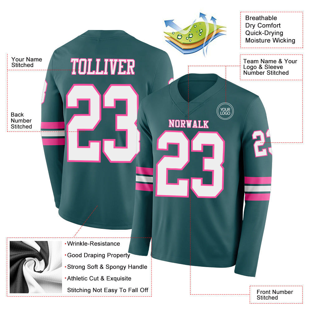 Custom Midnight Green White-Pink Long Sleeve Authentic Football Jersey