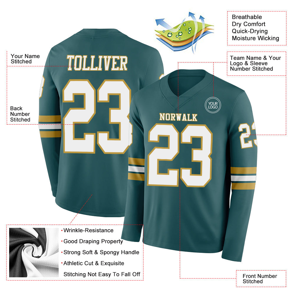 Custom Midnight Green White-Old Gold Long Sleeve Authentic Football Jersey