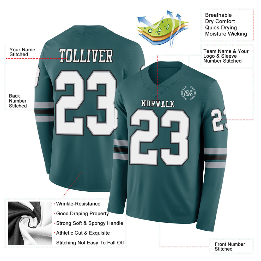 Custom Midnight Green White Gray-Black Long Sleeve Authentic Football Jersey