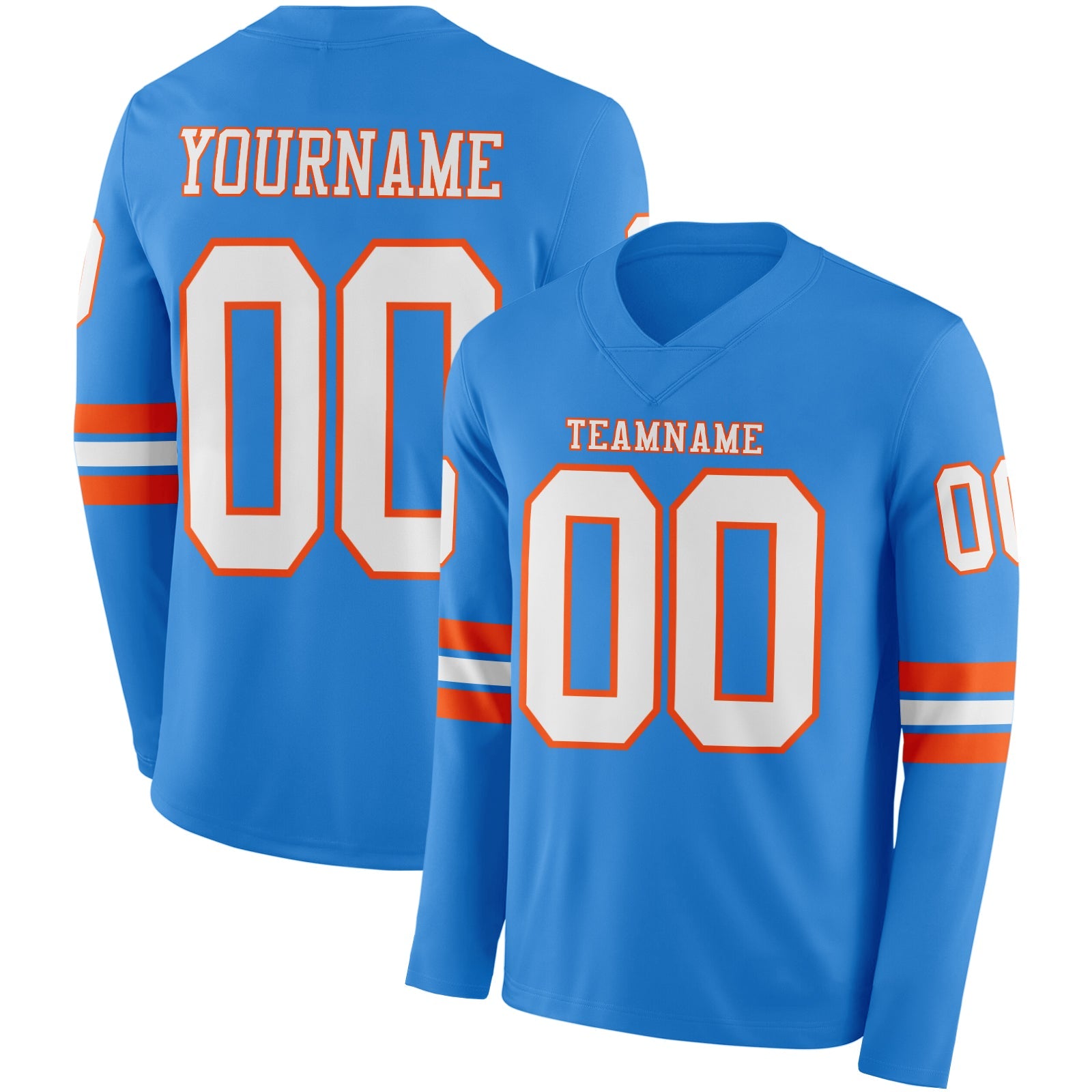 Custom Powder Blue White-Orange Long Sleeve Authentic Football Jersey