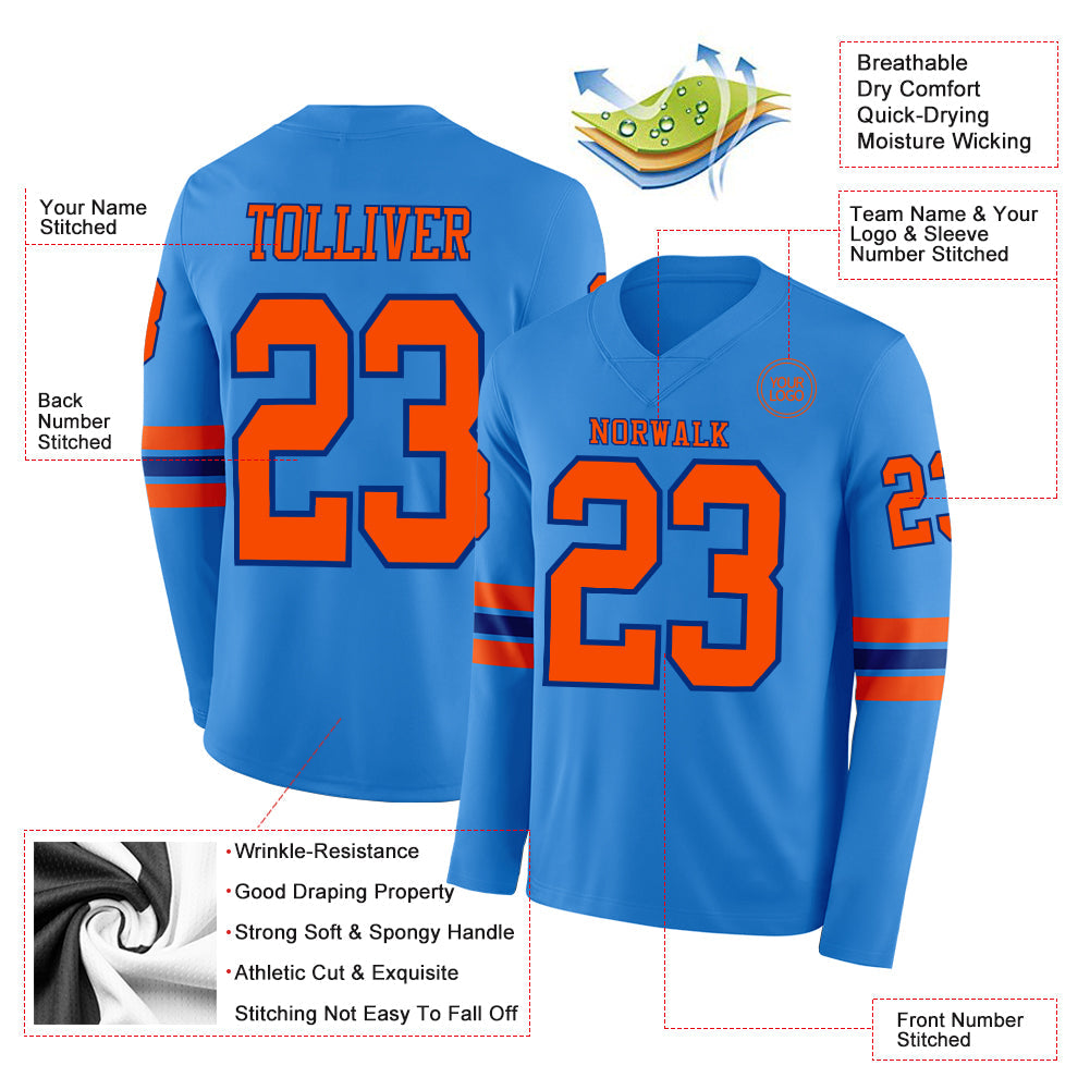 Custom Powder Blue Orange-Royal Long Sleeve Authentic Football Jersey