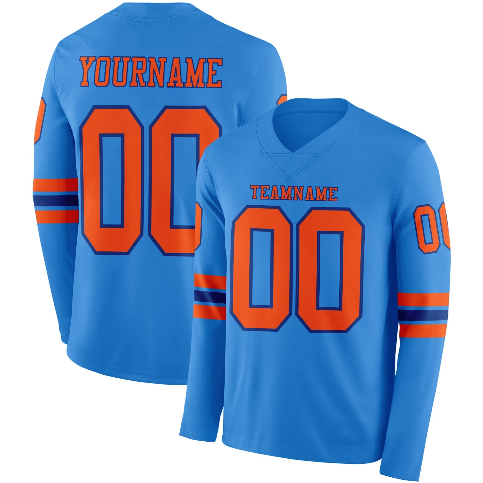 Custom Powder Blue Orange-Royal Long Sleeve Authentic Football Jersey