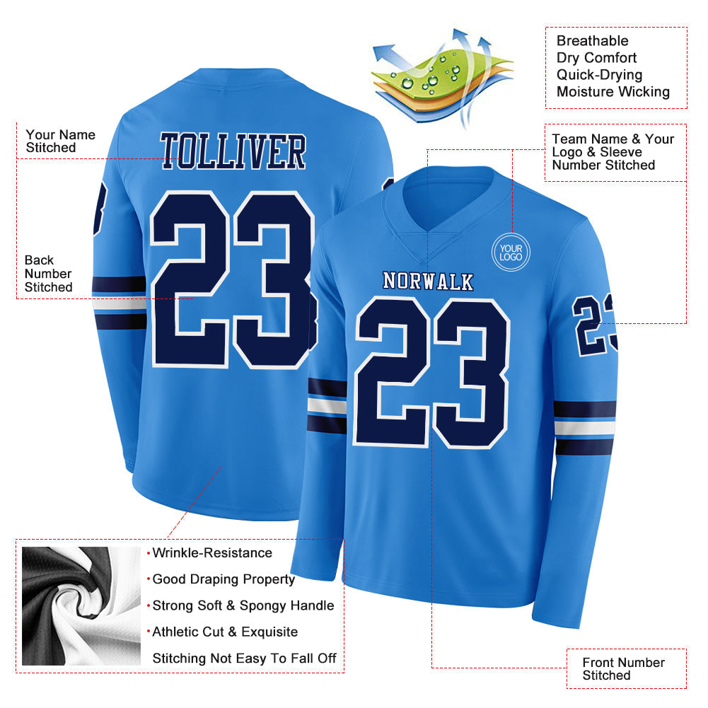 Custom Powder Blue Navy-White Long Sleeve Authentic Football Jersey