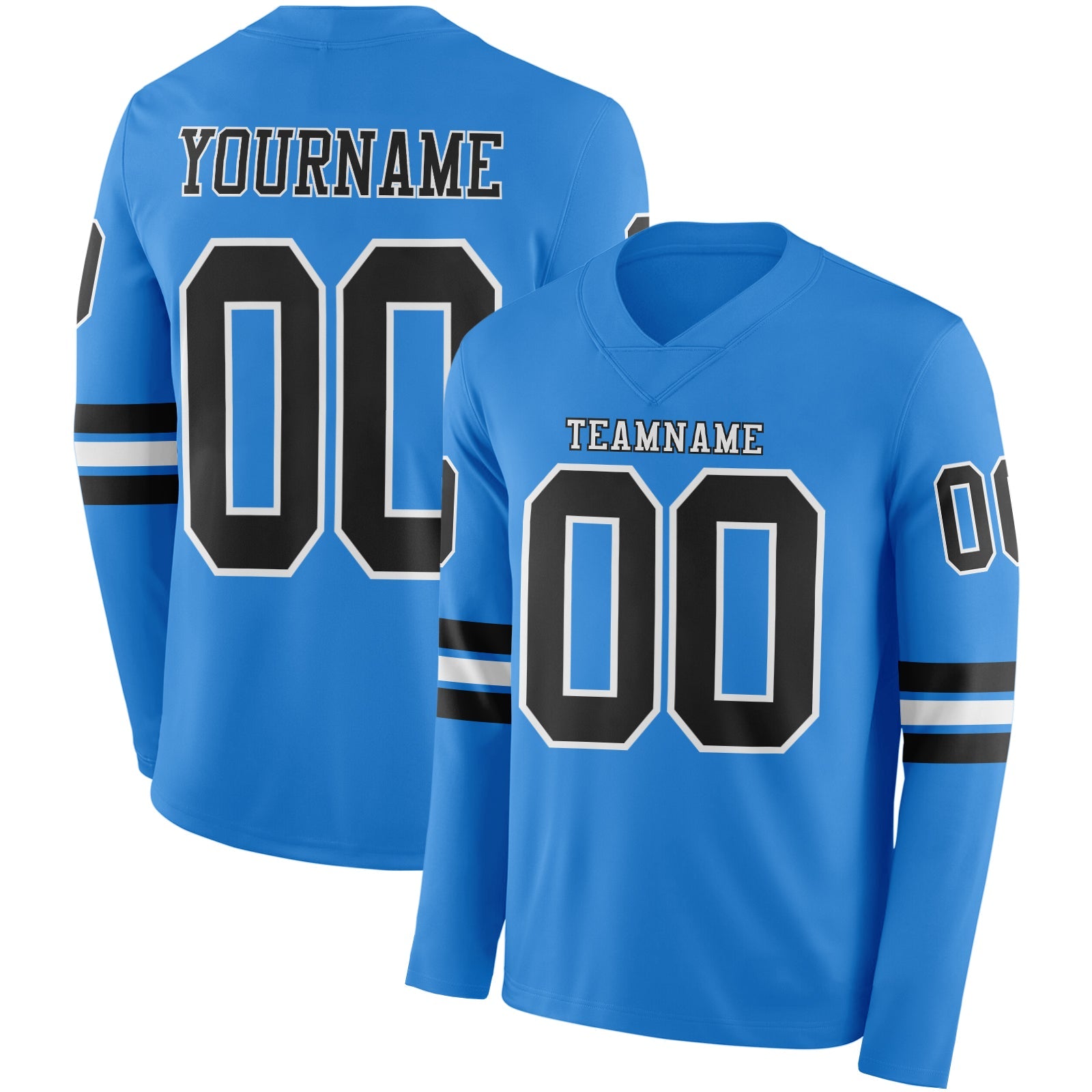 Custom Powder Blue Black-White Long Sleeve Authentic Football Jersey