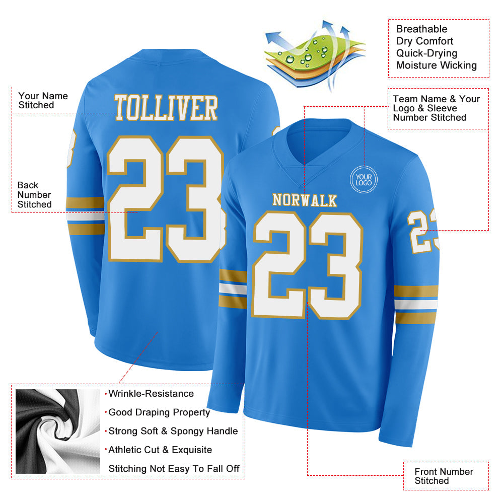 Custom Powder Blue White-Old Gold Long Sleeve Authentic Football Jersey