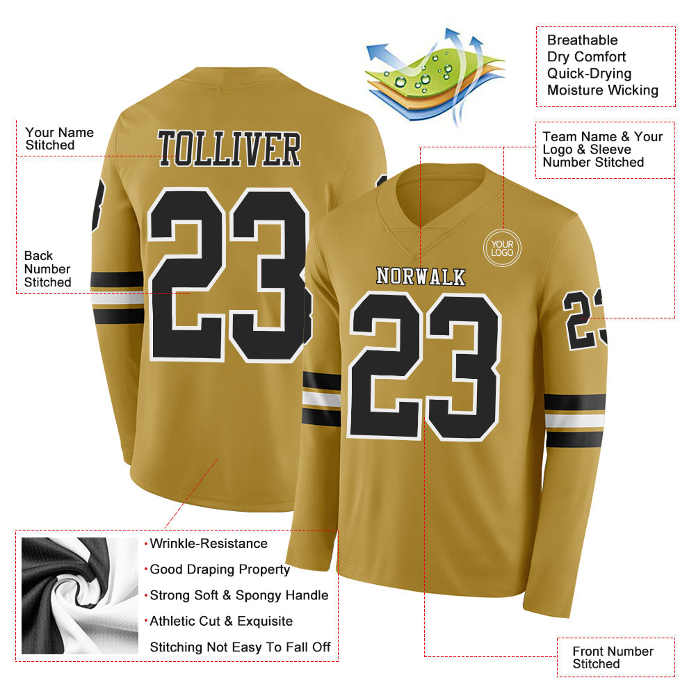 Custom Old Gold Black-White Long Sleeve Authentic Football Jersey