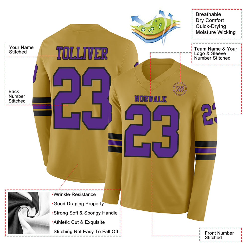 Custom Old Gold Purple-Black Long Sleeve Authentic Football Jersey
