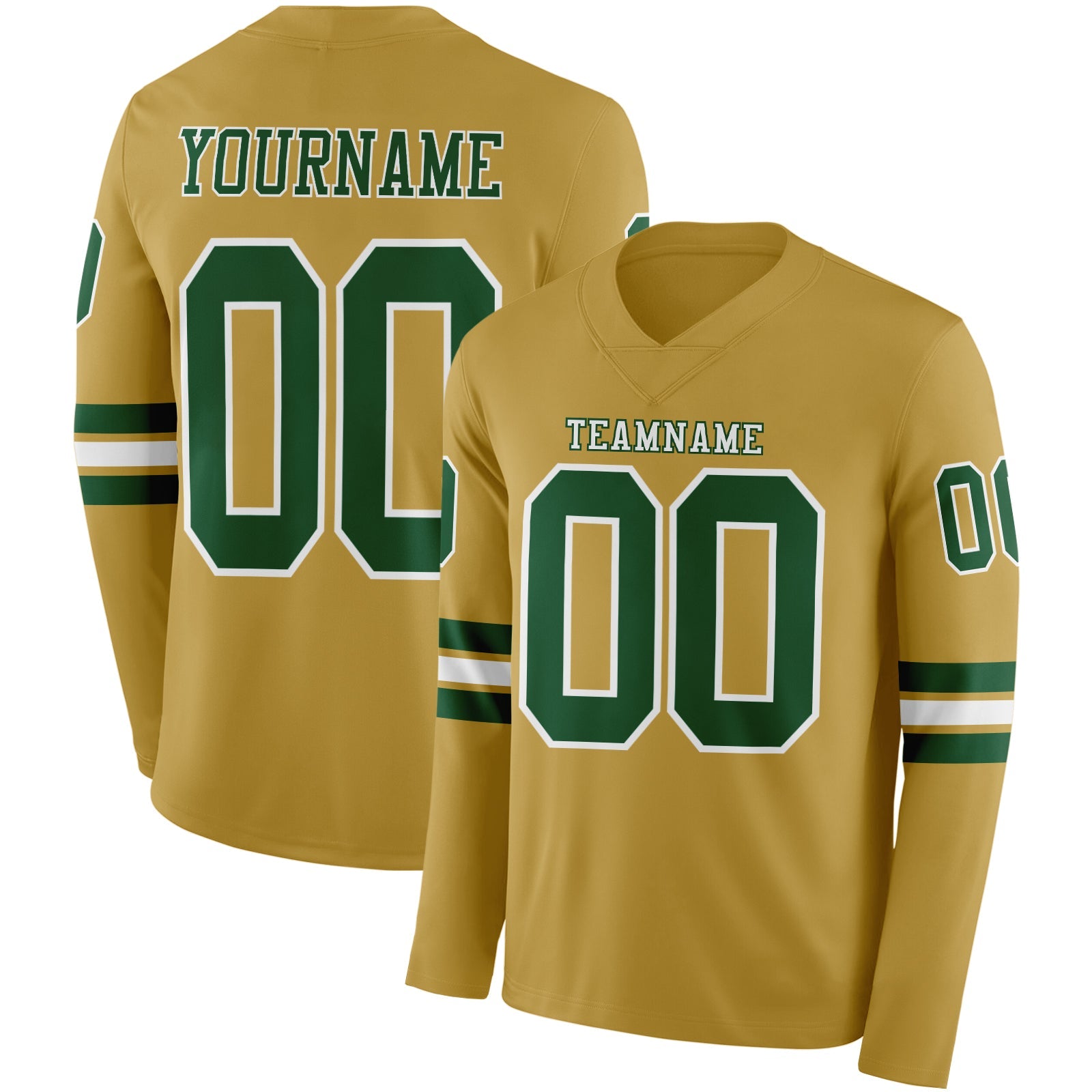 Custom Old Gold Green-White Long Sleeve Authentic Football Jersey
