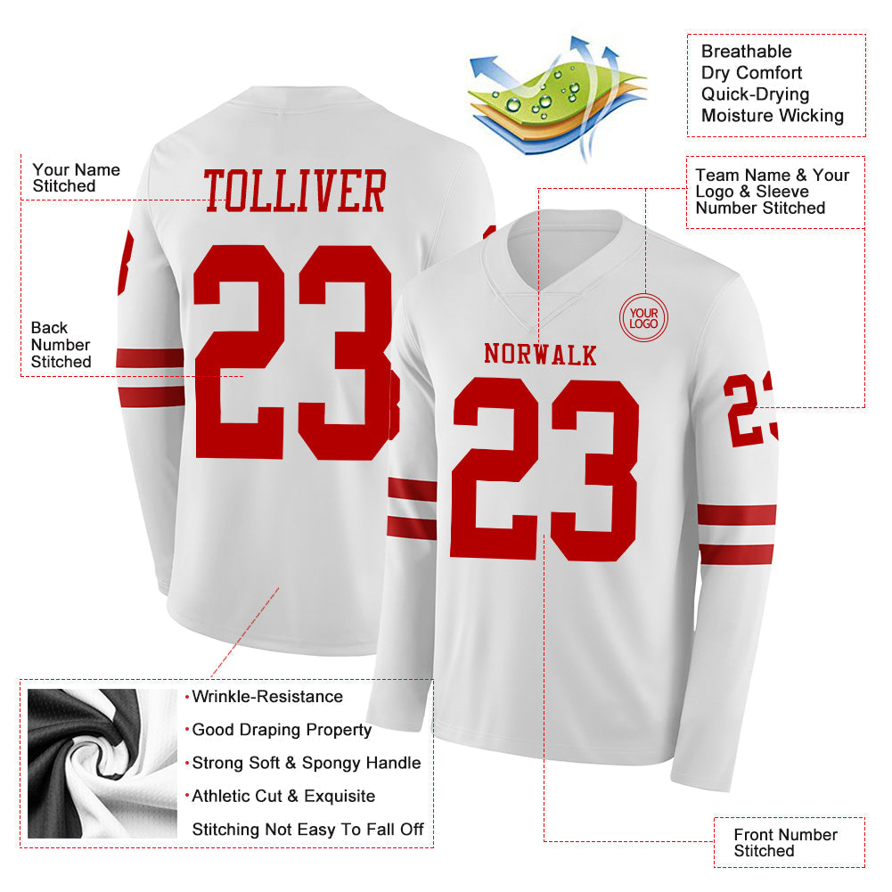 Custom White Red Long Sleeve Authentic Football Jersey