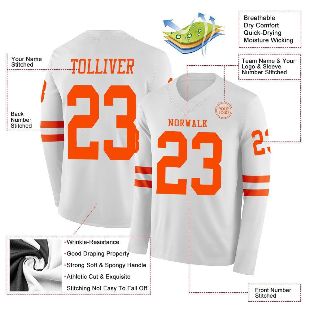 Custom White Orange Long Sleeve Authentic Football Jersey