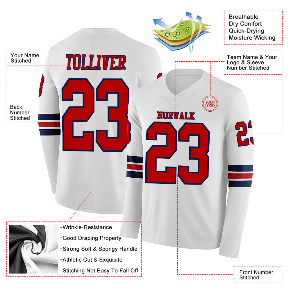 Custom White Red-Navy Long Sleeve Authentic Football Jersey