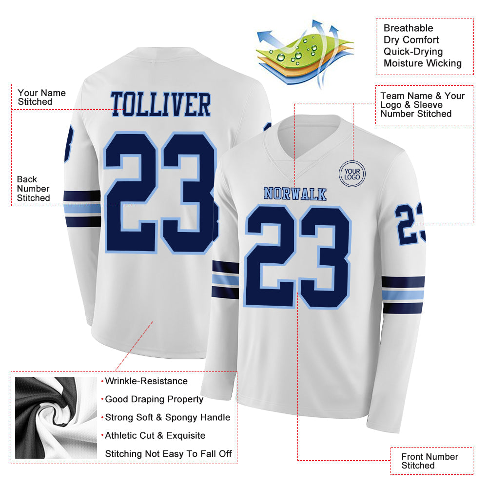 Custom White Navy-Light Blue Long Sleeve Authentic Football Jersey