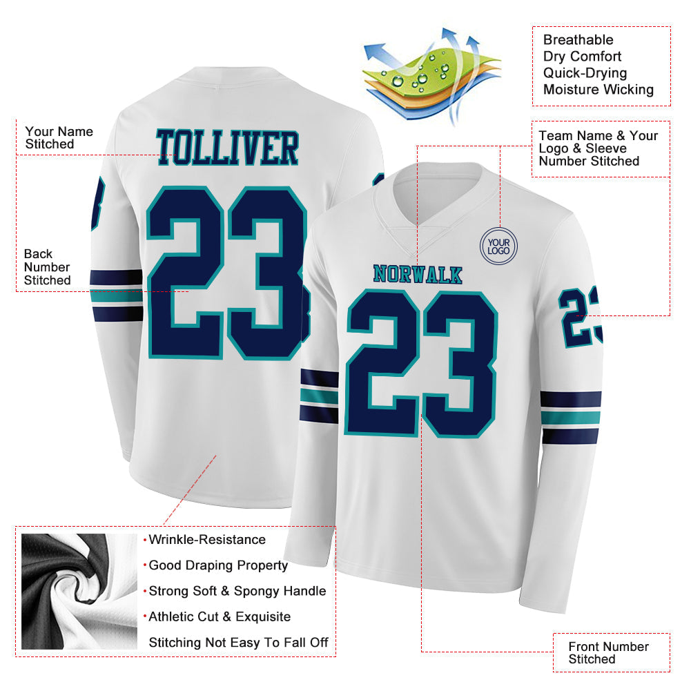 Custom White Navy-Teal Long Sleeve Authentic Football Jersey