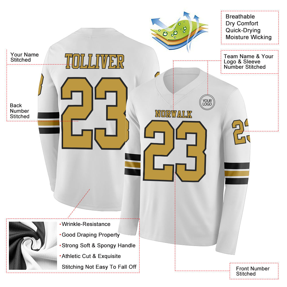 Custom White Old Gold-Black Long Sleeve Authentic Football Jersey