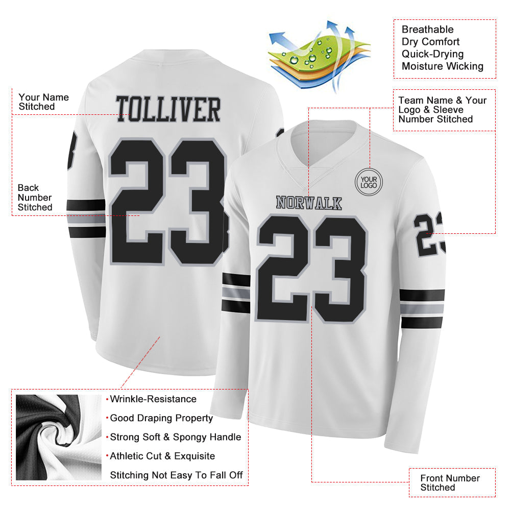 Custom White Black-Gray Long Sleeve Authentic Football Jersey