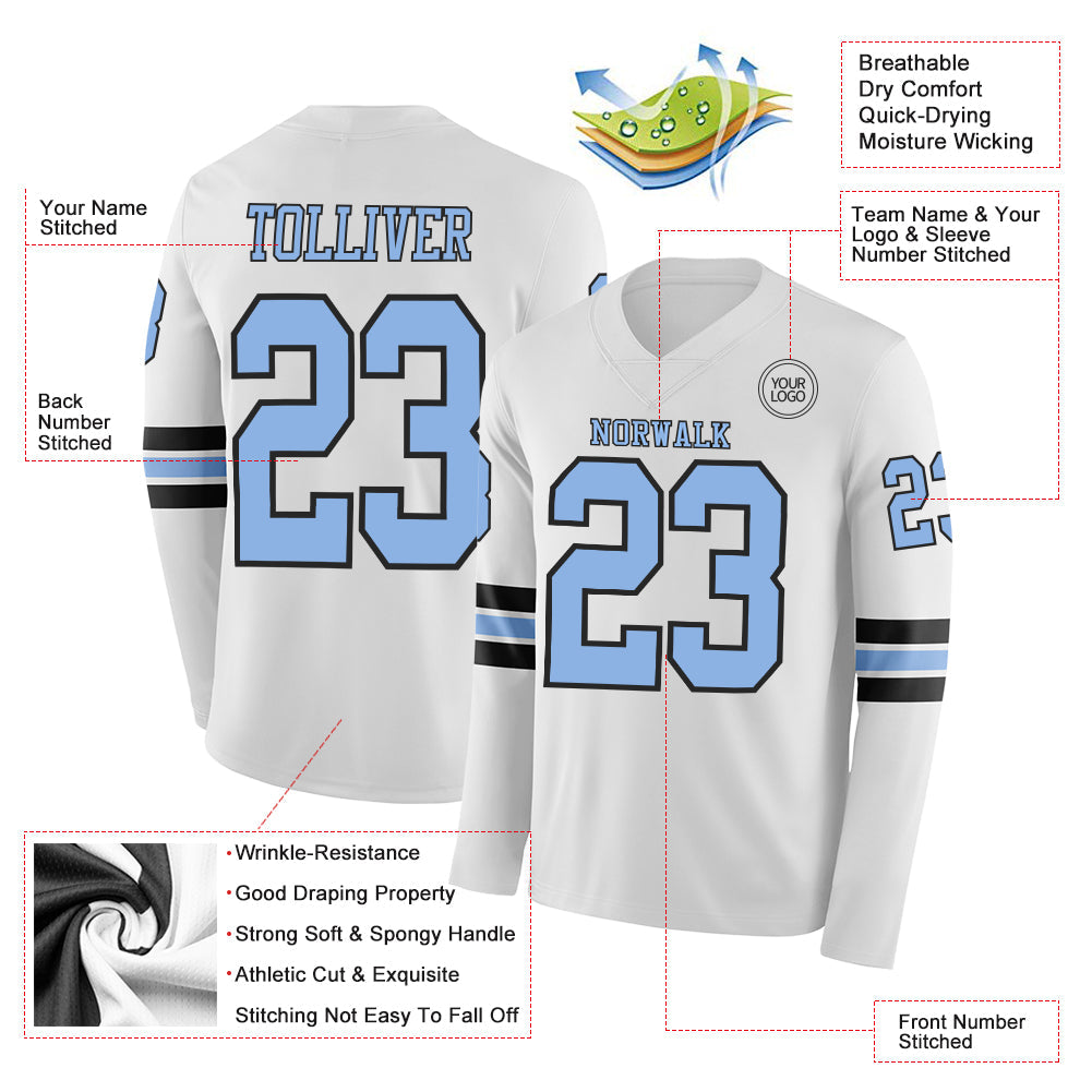 Custom White Light Blue-Black Long Sleeve Authentic Football Jersey