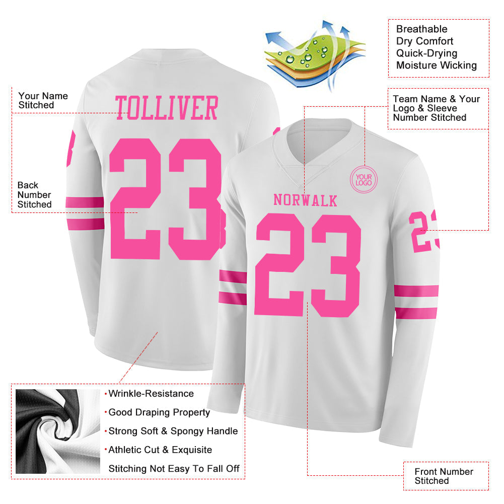 Custom White Pink Long Sleeve Authentic Football Jersey