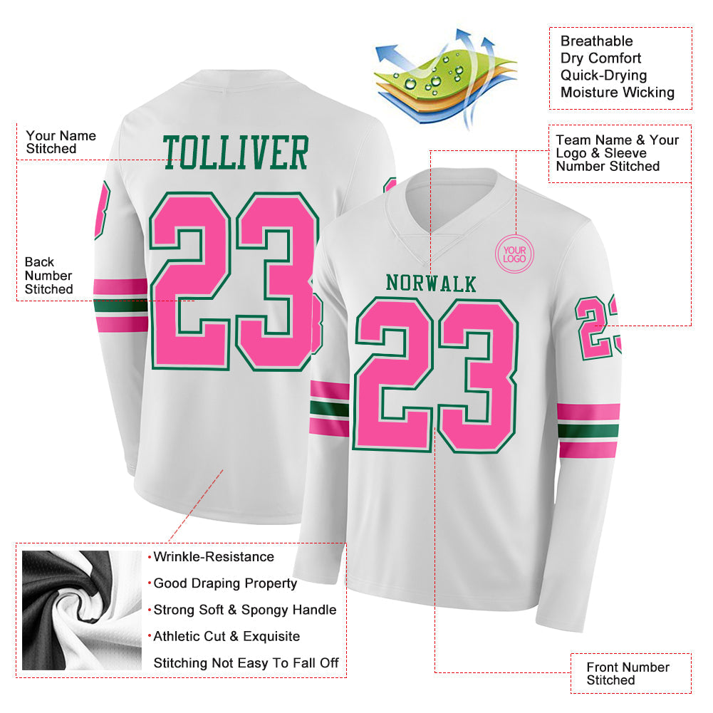 Custom White Pink-Kelly Green Long Sleeve Authentic Football Jersey