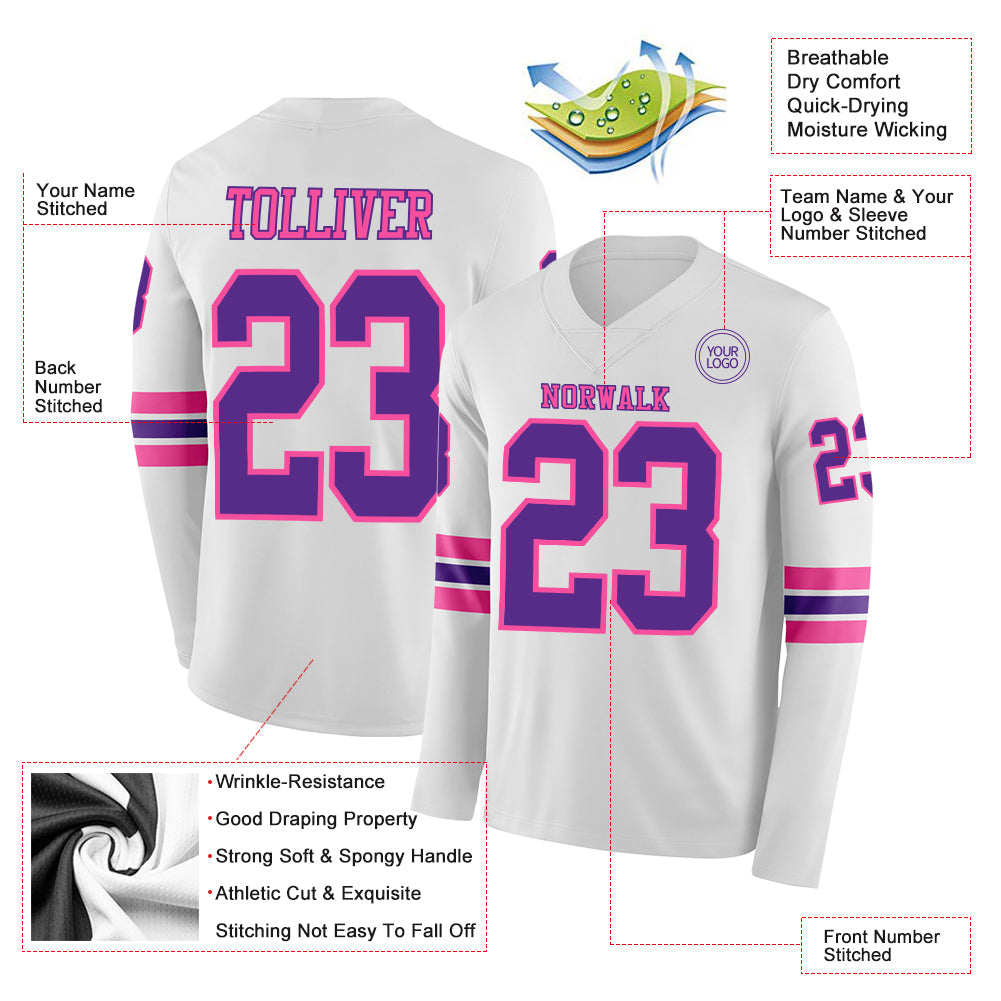 Custom White Purple-Pink Long Sleeve Authentic Football Jersey