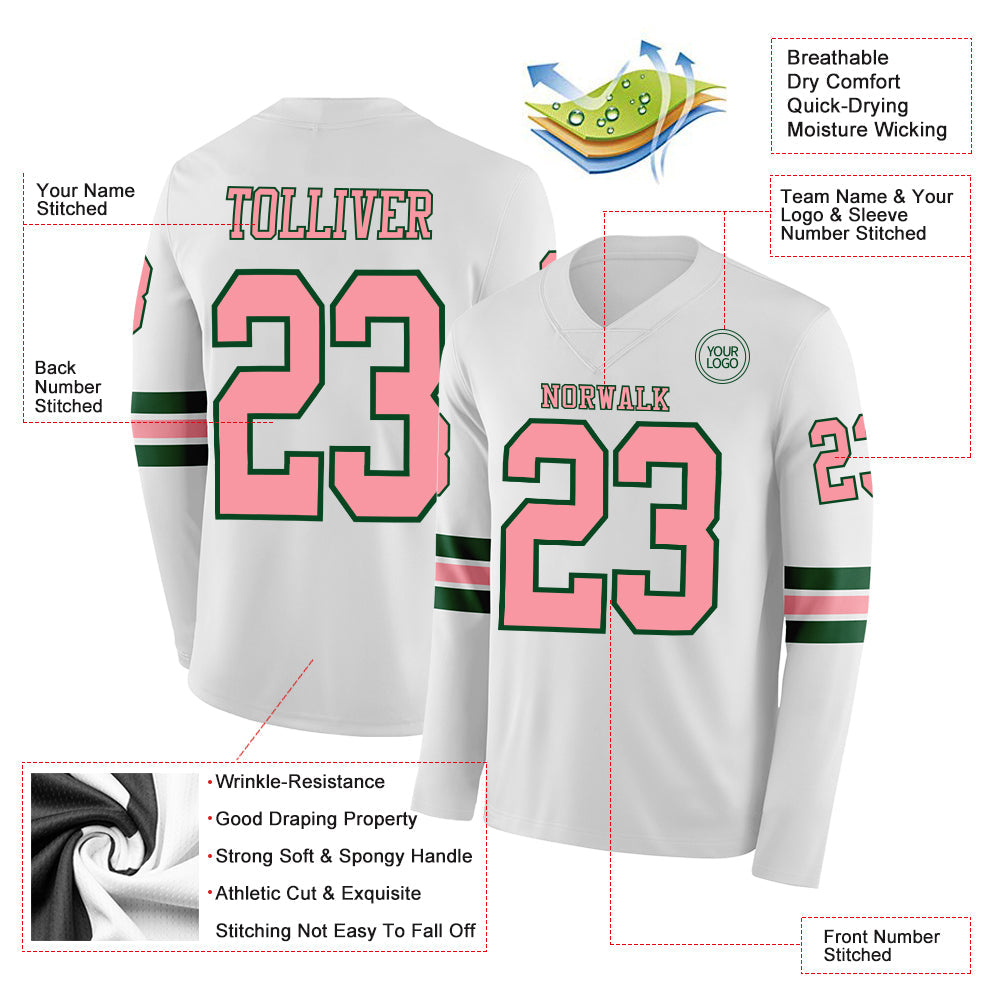 Custom White Medium Pink-Green Long Sleeve Authentic Football Jersey