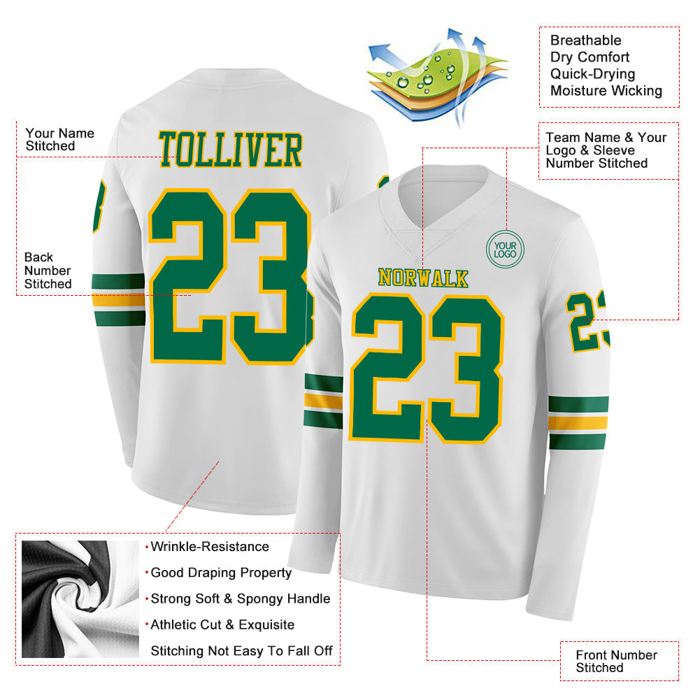 Custom White Kelly Green-Gold Long Sleeve Authentic Football Jersey