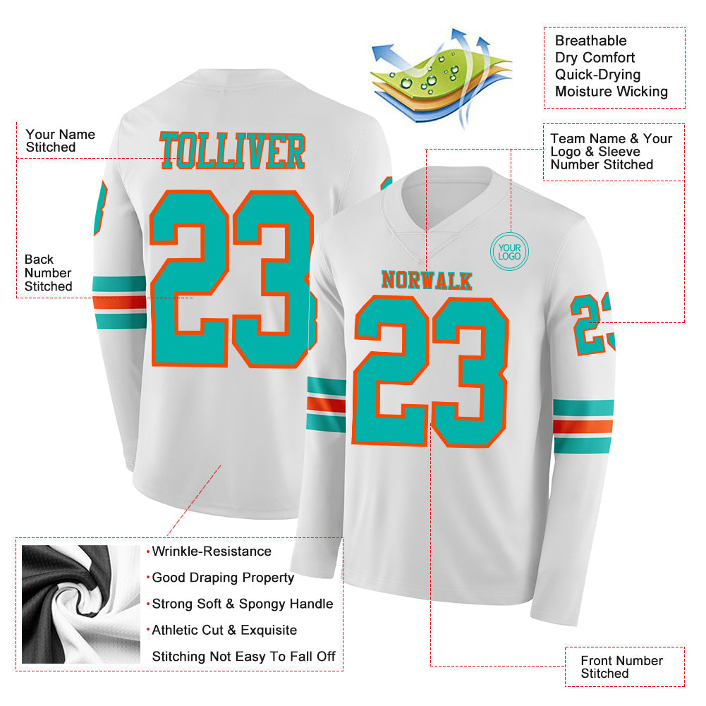 Custom White Aqua-Orange Long Sleeve Authentic Football Jersey