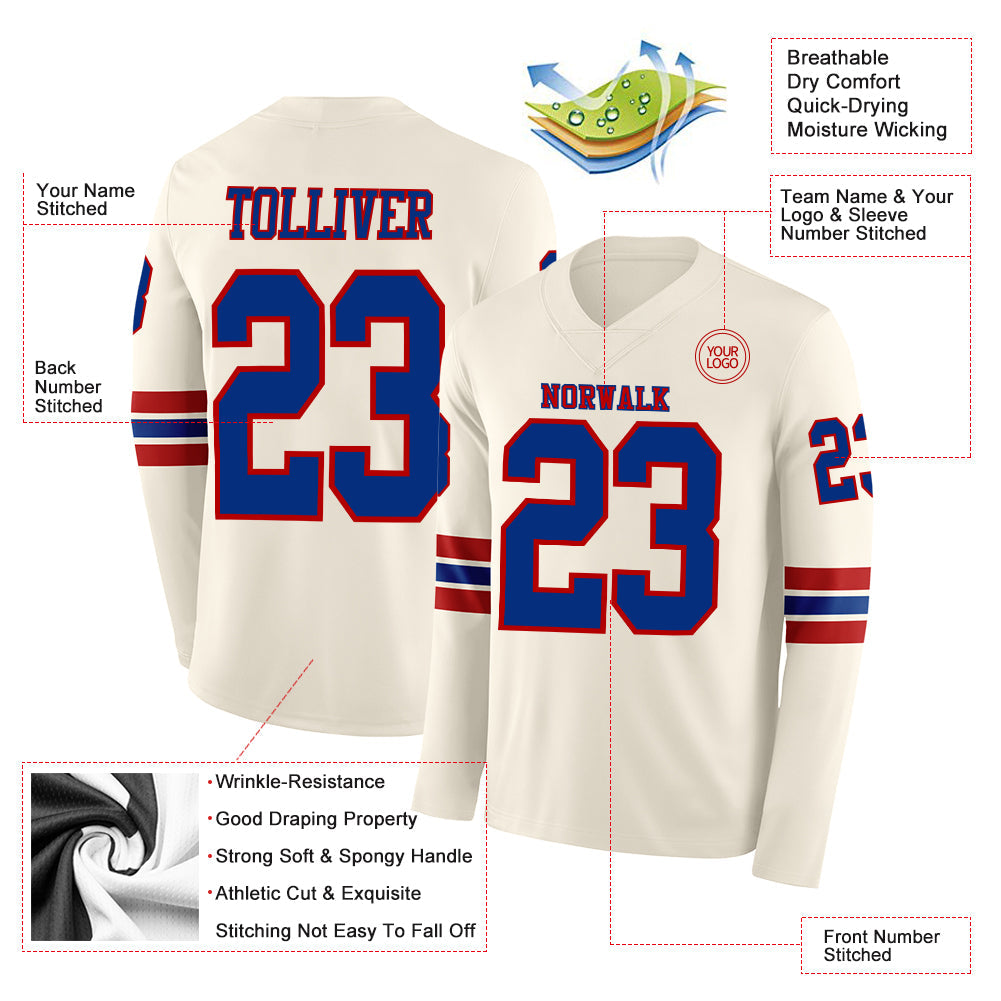 Custom Cream Royal-Red Long Sleeve Authentic Football Jersey