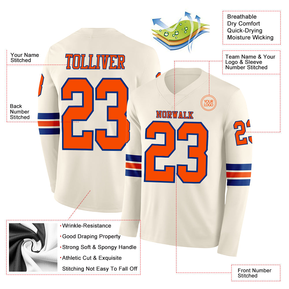 Custom Cream Orange-Royal Long Sleeve Authentic Football Jersey