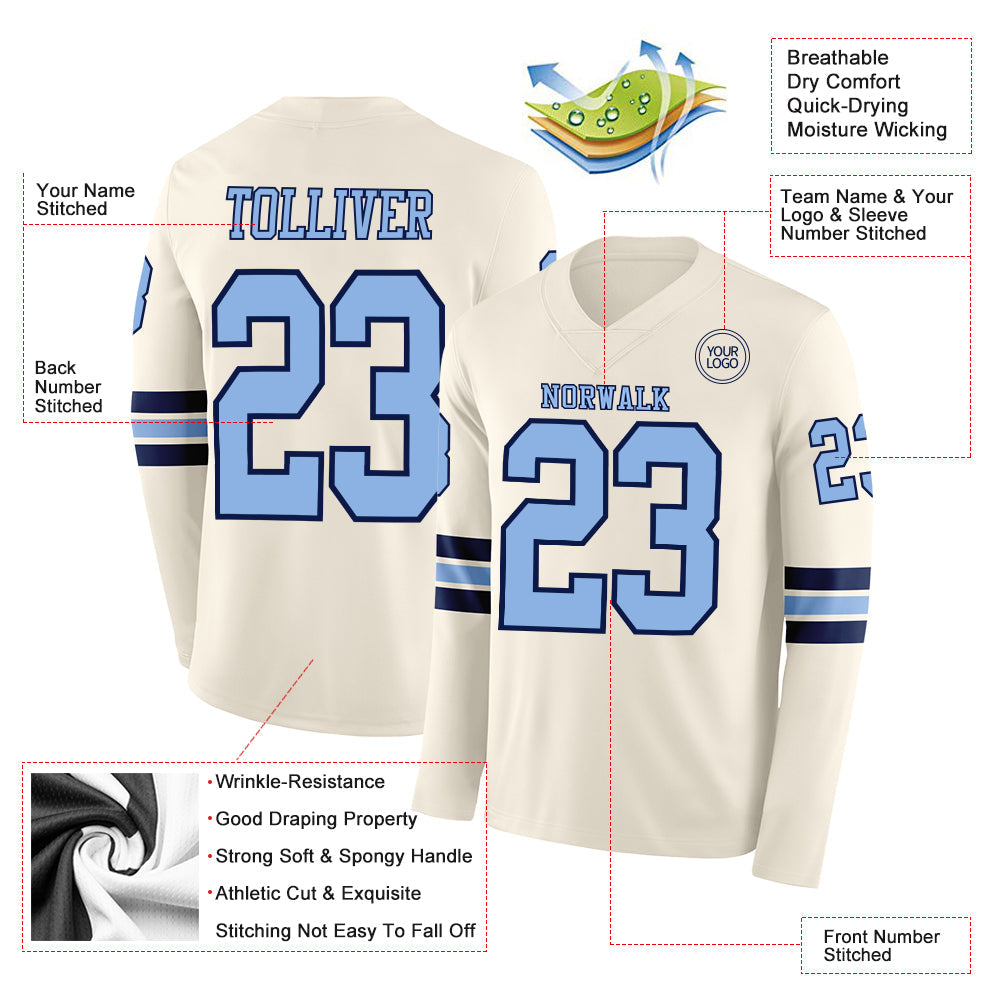 Custom Cream Light Blue-Navy Long Sleeve Authentic Football Jersey
