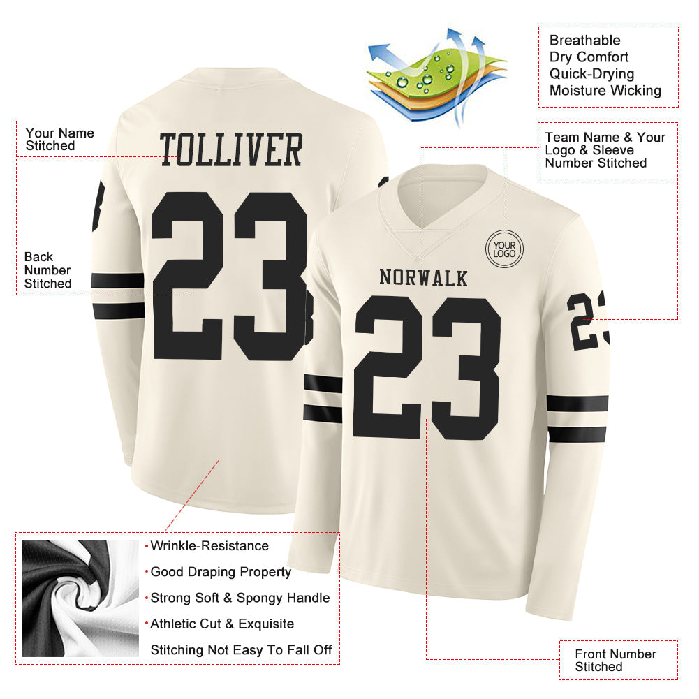 Custom Cream Black Long Sleeve Authentic Football Jersey