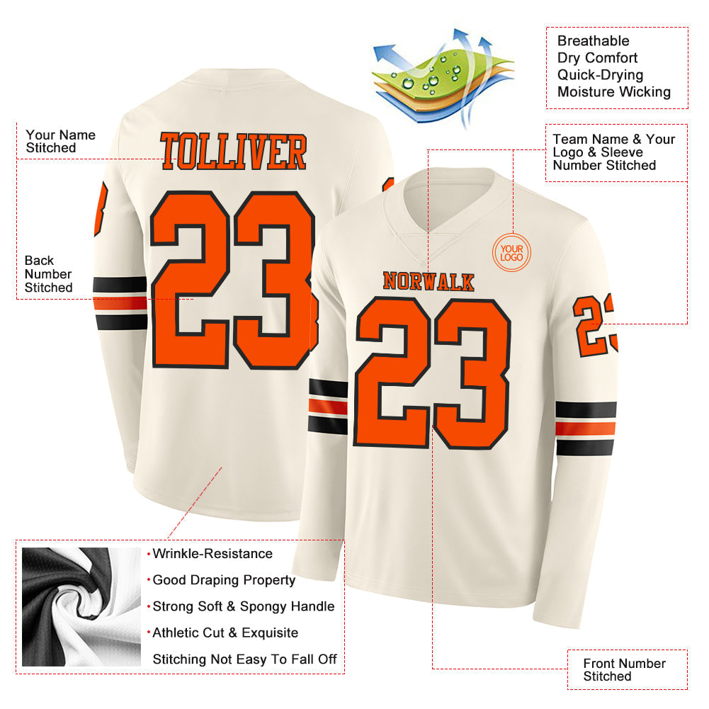 Custom Cream Orange-Black Long Sleeve Authentic Football Jersey