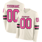 Custom Cream Pink-Black Long Sleeve Authentic Football Jersey