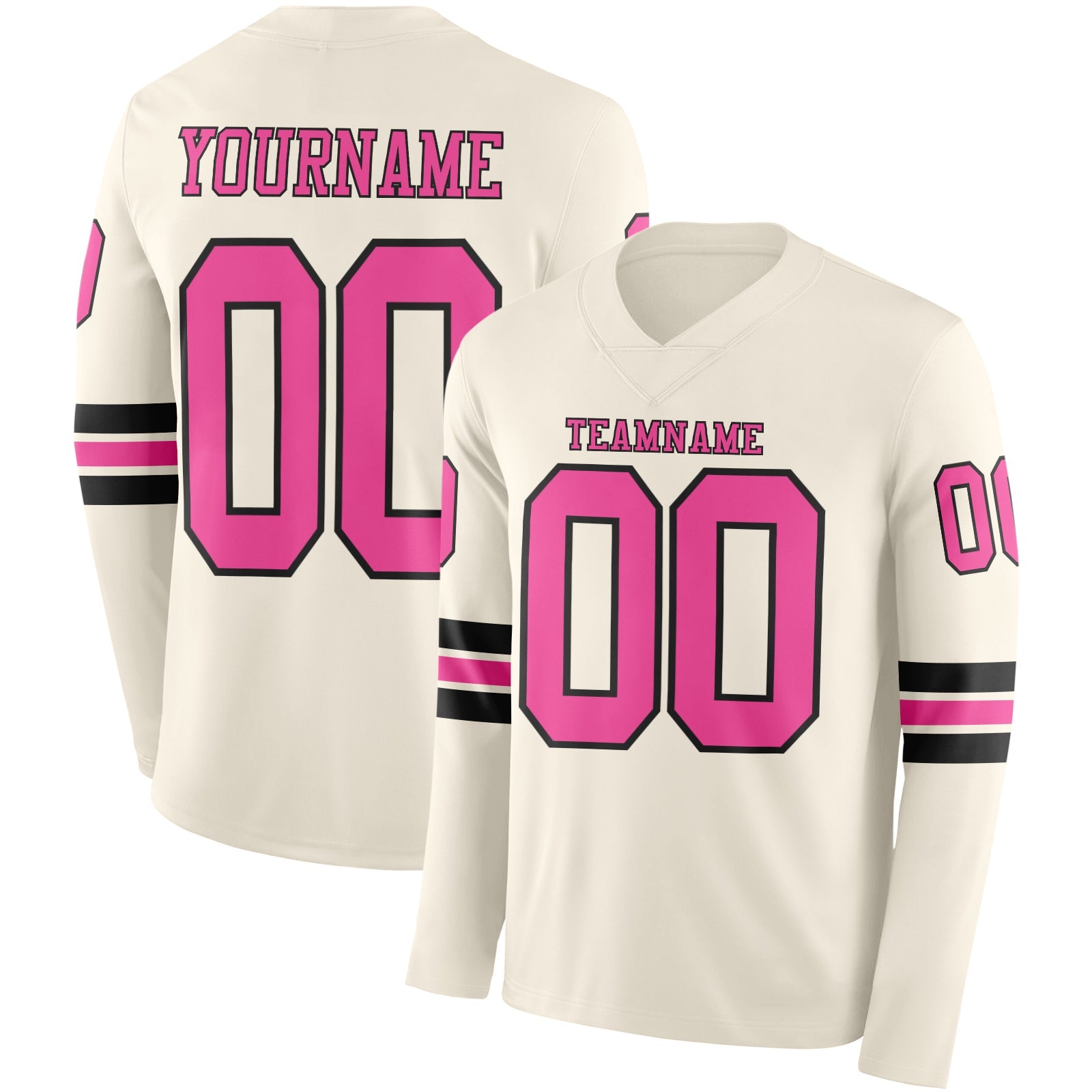 Custom Cream Pink-Black Long Sleeve Authentic Football Jersey