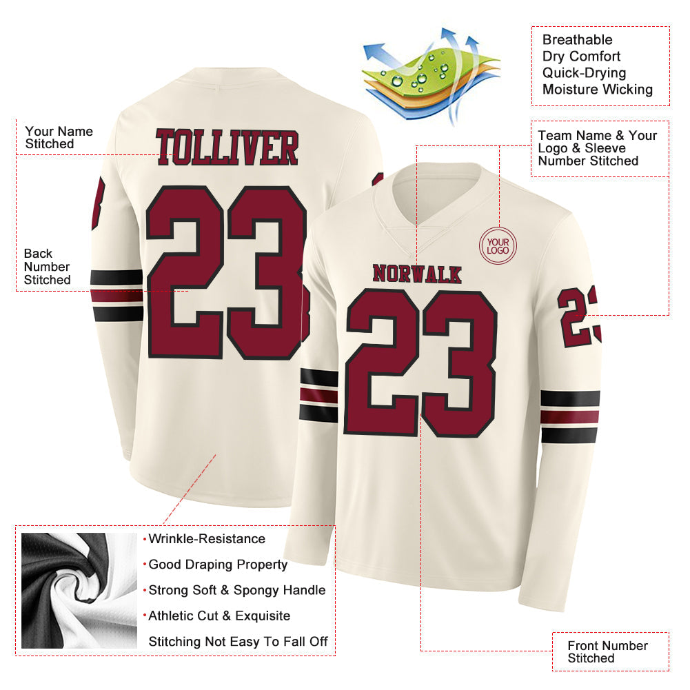 Custom Cream Crimson-Black Long Sleeve Authentic Football Jersey