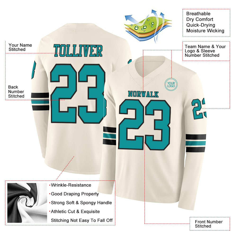 Custom Cream Teal-Black Long Sleeve Authentic Football Jersey
