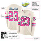 Custom Cream Pink Black-Light Blue Long Sleeve Authentic Football Jersey