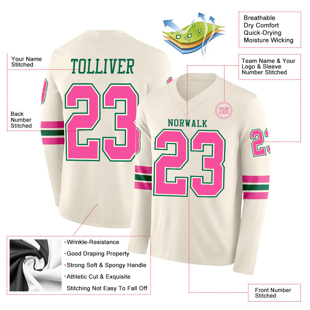 Custom Cream Pink-Kelly Green Long Sleeve Authentic Football Jersey