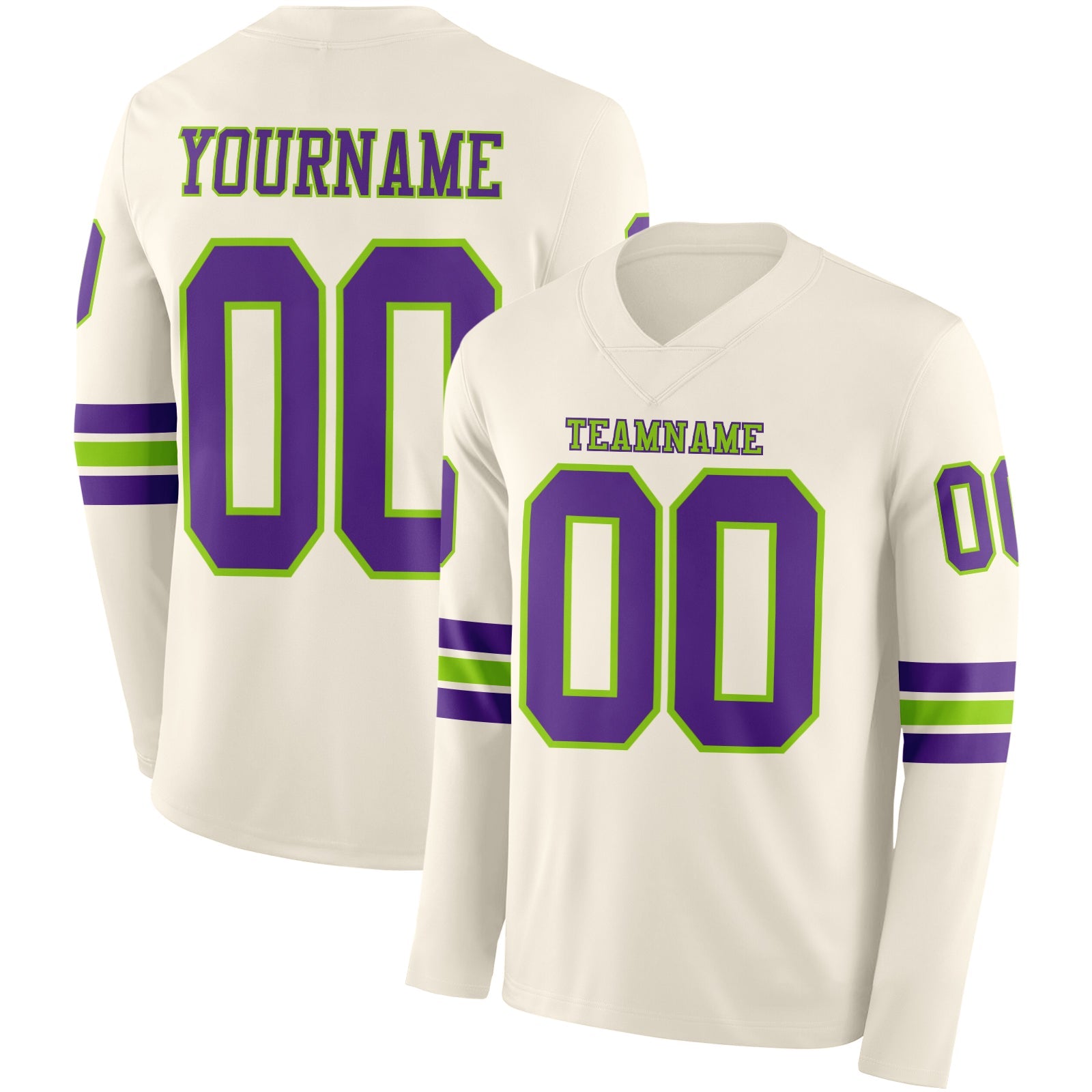 Custom Cream Purple-Neon Green Long Sleeve Authentic Football Jersey