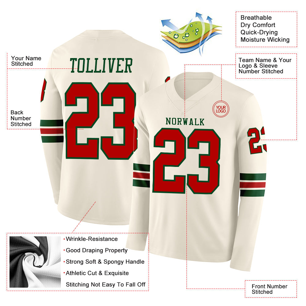 Custom Cream Red-Green Long Sleeve Authentic Football Jersey