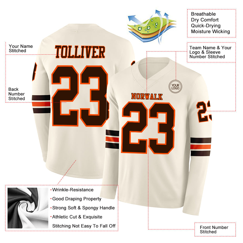 Custom Cream Brown-Orange Long Sleeve Authentic Football Jersey