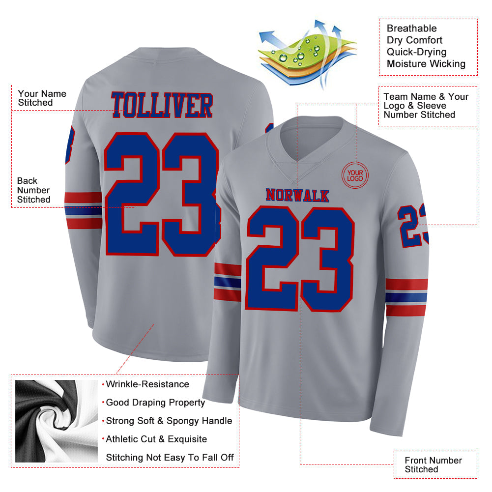 Custom Gray Royal-Red Long Sleeve Authentic Football Jersey