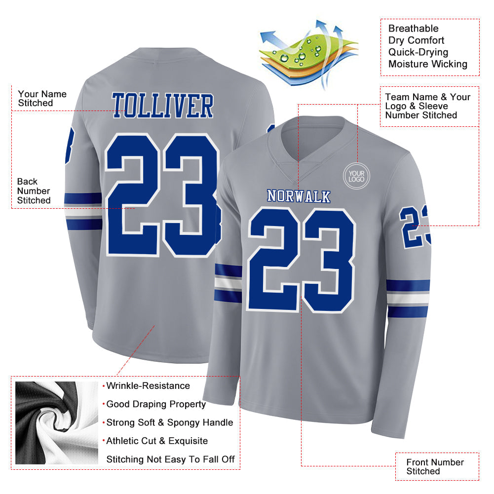 Custom Gray Royal-White Long Sleeve Authentic Football Jersey