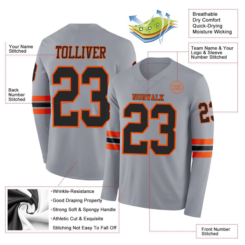 Custom Gray Black-Orange Long Sleeve Authentic Football Jersey