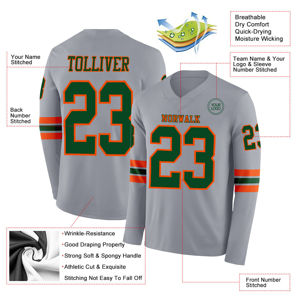 Custom Gray Green-Orange Long Sleeve Authentic Football Jersey