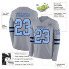 Custom Gray Light Blue-Navy Long Sleeve Authentic Football Jersey